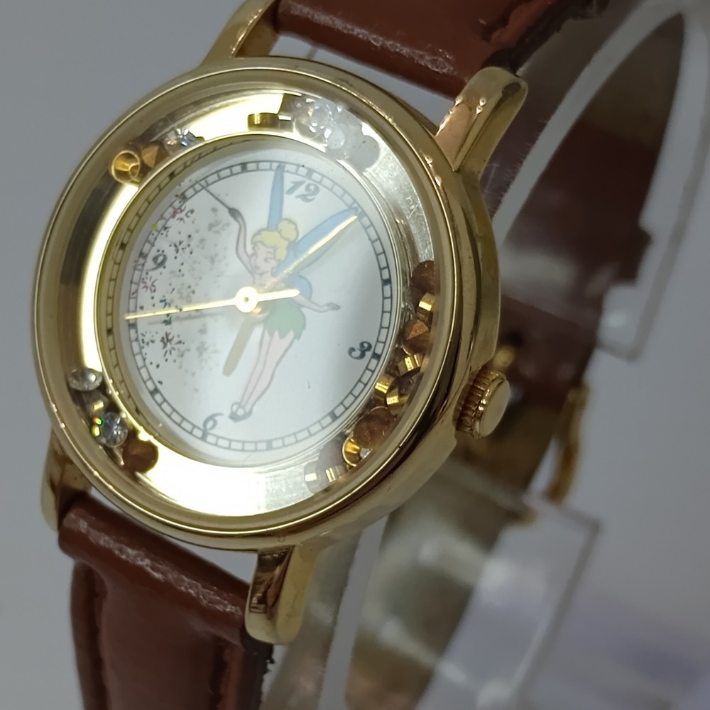 Disney Tinker Bell Floating Rhinestones Gold Tone Quartz Time Works New Battery - Picture 3 of 11
